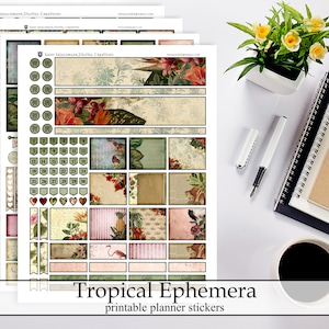 Tropical Ephemera Printable Planner Stickers, Summer Vintage Flowers Flamingos Digital Instant Download ECLP Happy Planner Journal Kit