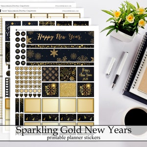 Sparkling Gold Black New Years Printable Planner Stickers, 2020 December January Faux Gold Foil Winter Digital Instant Download Planner Kit
