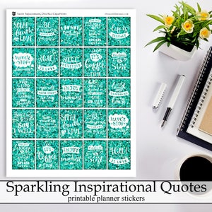 Sparkling Turquoise Glitter Inspirational Printable Planner Stickers, Inspirational Quotes Digital Instant Download Planner Stickers