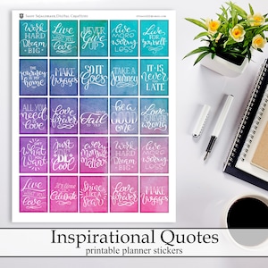 Bright Watercolor Inspirational Quotes Printable Planner Stickers, Motivational Quote Digital Instant Download Planner Stickers