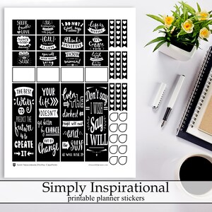 Simple Black Inspirational Quotes Printable Planner Stickers, Inspirational Quote Functional Digital Instant Download Planner Stickers Kit