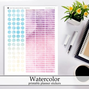 Pretty Watercolor Days of the Week Printable Planner Stickers, Stickers Digital Instant Download Stickers Dots Days of the Week Stickers