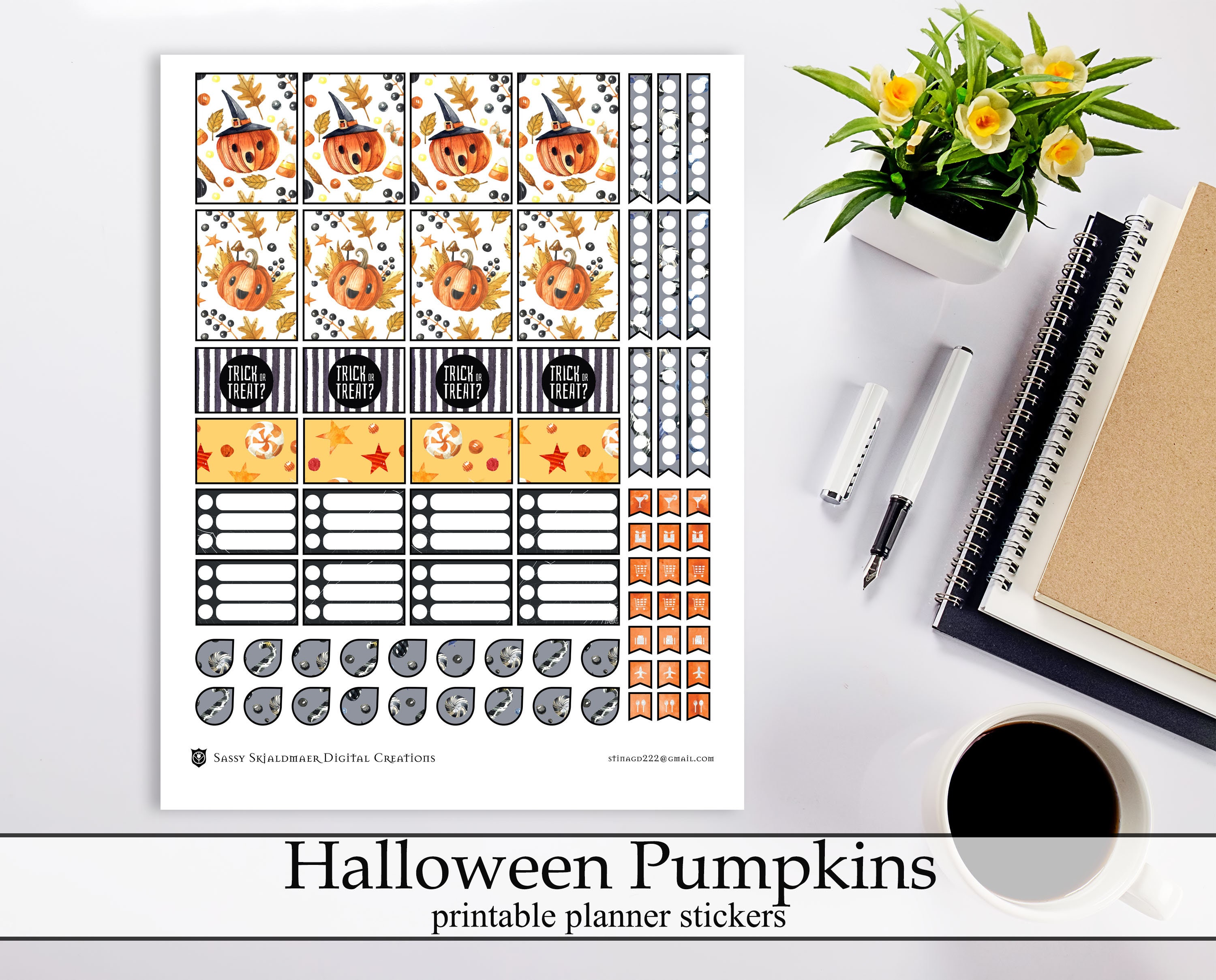 Watercolor Pumpkins Halloween Printable Planner Stickers, Cute ...