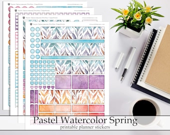 Pastel Watercolor Spring Printable Planner Stickers, Pretty April May Bullet Journal Erin Condren Happy Planner Digital Instant Download Kit