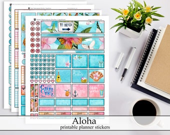 Adesivi pianificabili stampabili per vacanze hawaiane, acquerello spiaggia Aloha estate tropicale download istantaneo digitale ECLP Happy Planner Journal Kit