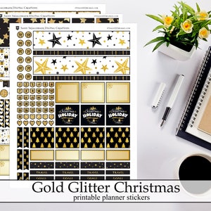 Gold Glitter Christmas New Years Printable Planner Stickers, December January Faux Gold Foil Winter Digital Instant Download Stickers Kit