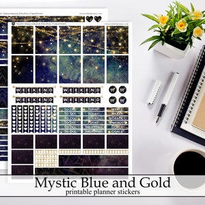 Pegatinas de planificador imprimibles en azul místico y oro, kit de pegatinas de planificador de descarga instantánea digital de lámina de oro falso de hermosos destellos