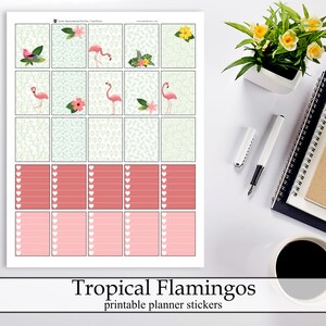 Tropical Flamingos Printable Planner Stickers, Cute Pink Summer Hawaiian Flowers and Flamingos Digital Instant Download Planner Stickers