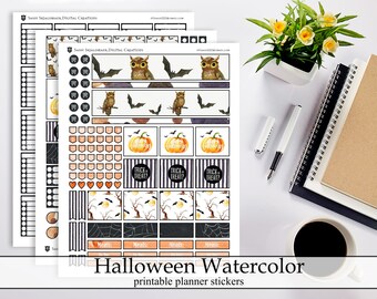 Watercolor Halloween Printable Planner Stickers, Cute Spooky Halloween Digital Instant Download October Planner Stickers Bats Owls Kit