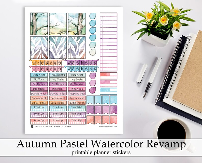 Pretty Digital Instant Download Stickers Fall Watercolor Leaves ECLP Happy Planner Kit Autumn Pastel Watercolor Printable Planner Stickers