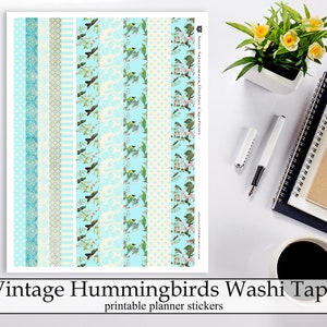 vintage Colibris Washi Tape Strips Planner et Craft Stickers, Belles Shabby Chic Turquoise Flowers Digital Instant Download Stickers