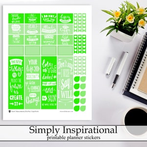 Simple Green Inspirational Quotes Printable Planner Stickers, Inspirational Quote Functional Digital Instant Download Planner Stickers Kit
