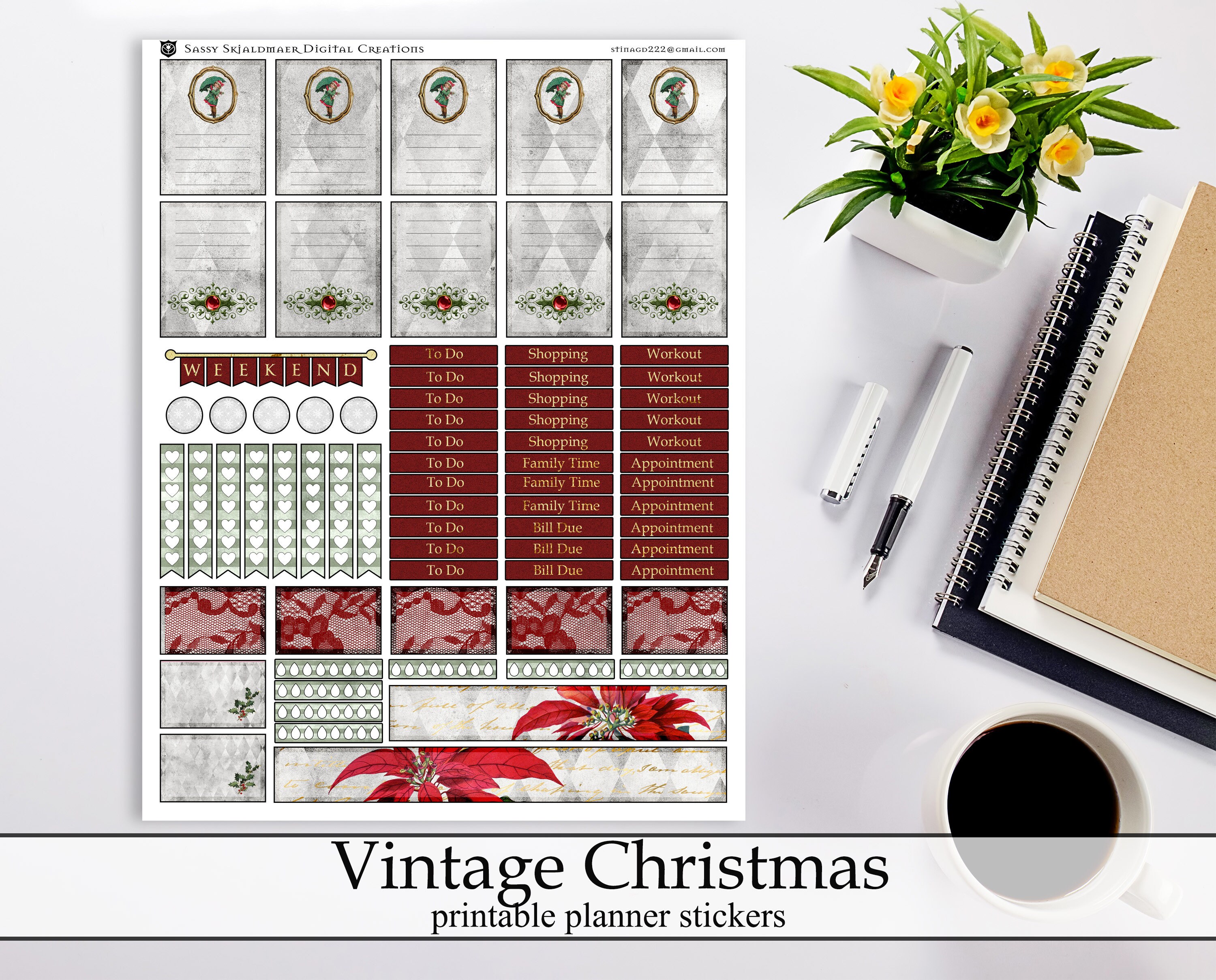 Vintage Christmas Printable Planner Stickers, Marsala Faux Gold Foil ...