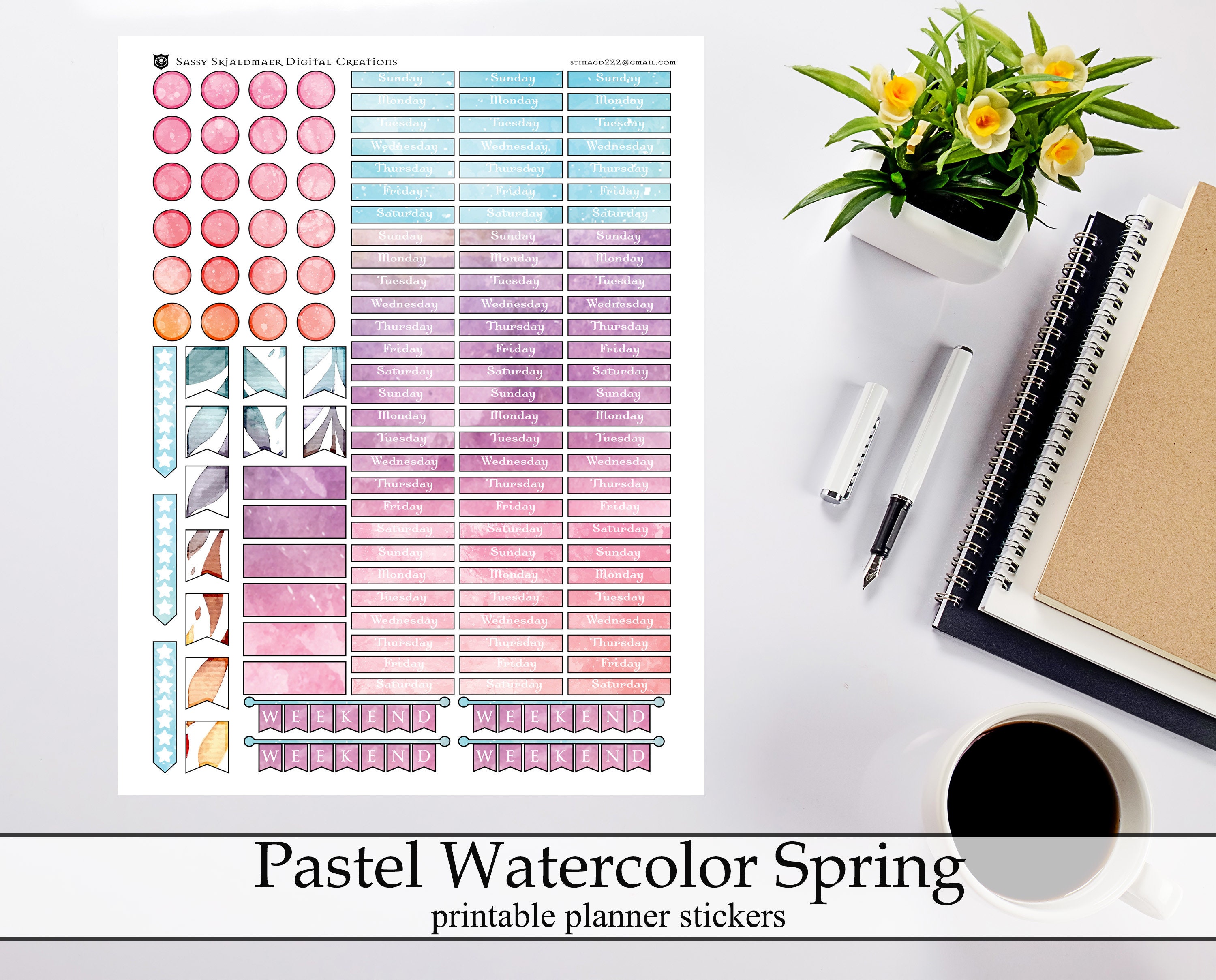 Pastel Watercolor Spring Printable Planner Stickers, Pretty April May ...