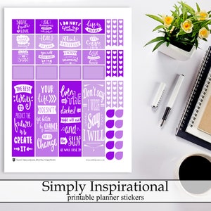 Simple Purple Inspirational Quotes Printable Planner Stickers, Inspirational Quote Functional Digital Instant Download Planner Stickers Kit