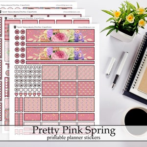 Pretty Pink Spring Printable Planner Stickers, April May Pink Flowers Bullet Journal Erin Condren Happy Planner Digital Instant Download Kit