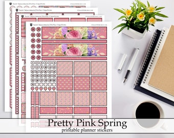 Pretty Pink Spring Printable Planner Stickers, April May Pink Flowers Bullet Journal Erin Condren Happy Planner Digital Instant Download Kit