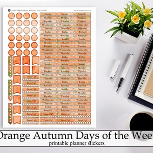 May include: Printable planner stickers with an orange and green autumn theme. The stickers feature different days of the week, circles, and flags.