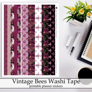 vintage Bees Printable Washi Tape Strips Planner et Craft Stickers, Beautiful Bees Sparkles Flowers Digital Instant Download Stickers