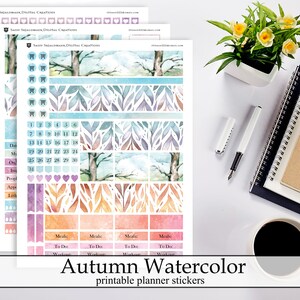Otoño Pastel Acuarela Imprimible Planificador Pegatinas, Bonitas Pegatinas Digitales de Descarga Instantánea Otoño Acuarela Hojas ECLP Happy Planner Kit