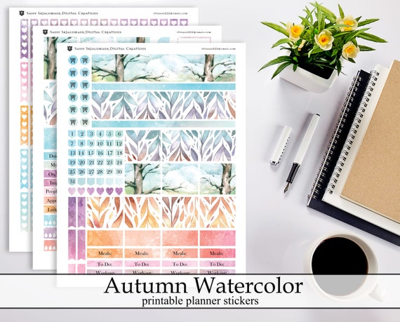 Pretty Digital Instant Download Stickers Fall Watercolor Leaves ECLP Happy Planner Kit Autumn Pastel Watercolor Printable Planner Stickers