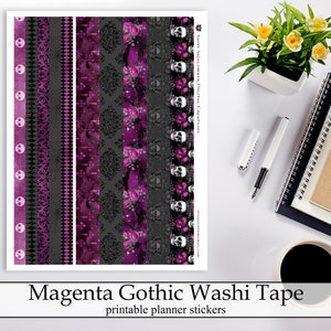 Magenta Gothic Washi Tape Strips Planner and Craft Stickers, Goth Victorian Skulls and Flowers Digital Instant Download Stickers