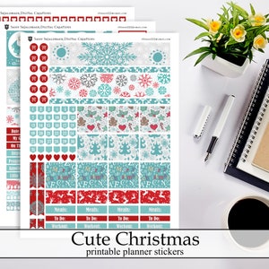 Niedliche Cyan und Rot Weihnachten druckbare Planner Aufkleber, Dezember Digital Sofort Download Aufkleber Hübsche Schneeflocke Schneemänner Planner Kit
