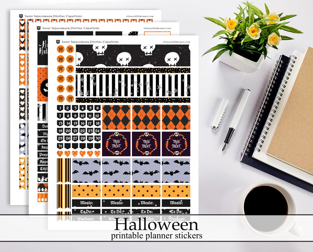 Black and Orange Halloween Printable Planner Stickers, Halloween ...