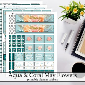 Aquarelle Fleurs de corail Aqua Teal Autocollants de planificateur imprimables, Belle fête des mères Printemps Mai Faux Feuille d’or Kit de téléchargement instantané numérique