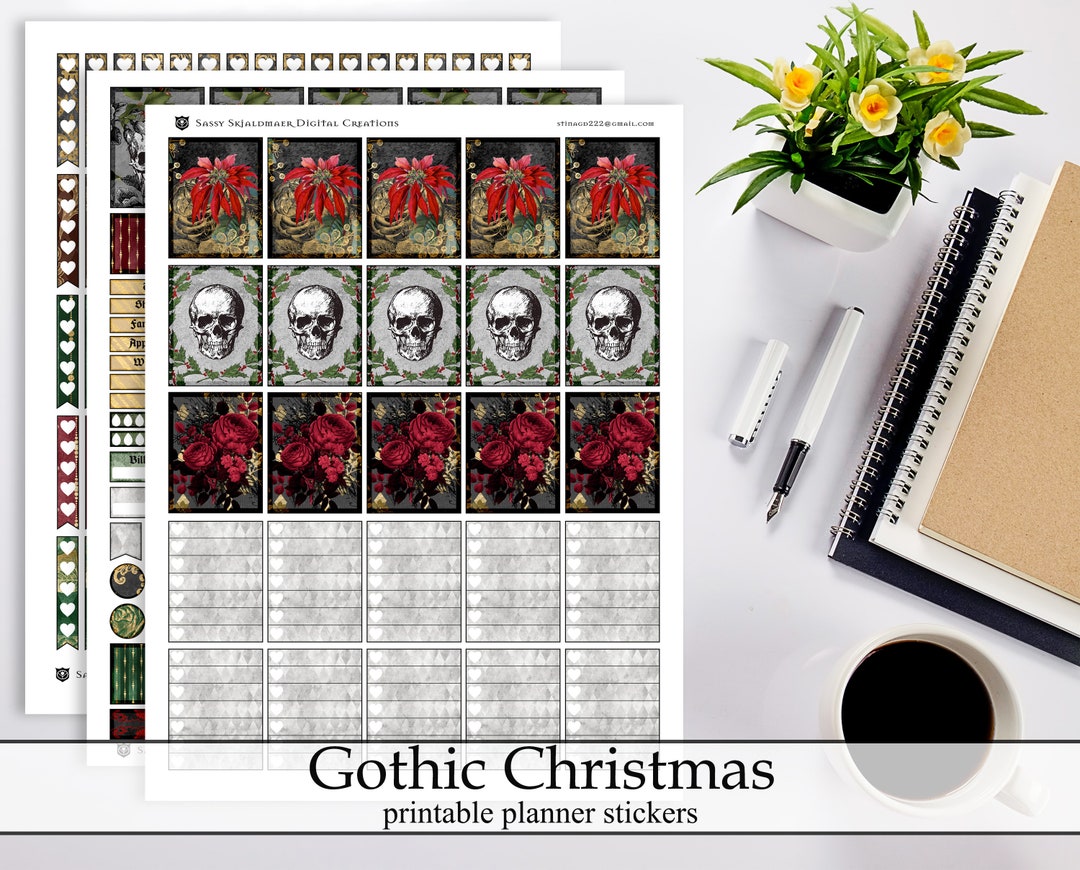 Gold Gothic Christmas Printable Planner Stickers, Marsala Faux Gold ...