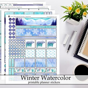 Naklejki do wydrukowania w zimowe akwarele, cyfrowe naklejki do natychmiastowego pobrania grudzień styczeń zima Boże Narodzenie ECLP Happy Planner Kit
