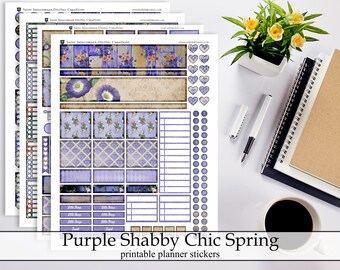 Romantico viola Shabby Chic Planner stampabile adesivi, finto oro marzo aprile maggio tela rustica legno fiori Kit di download digitale istantaneo