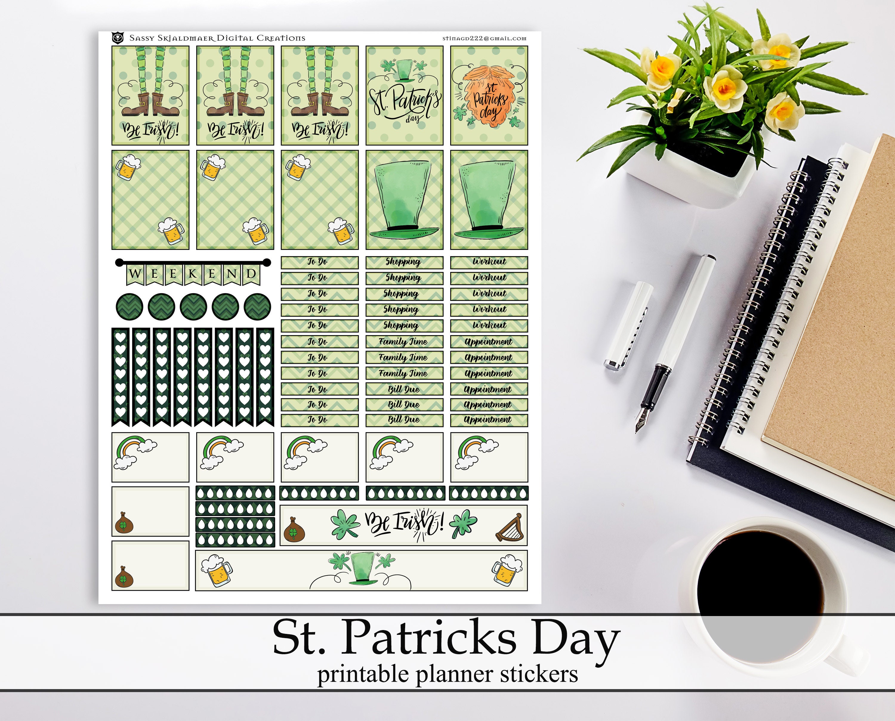 St. Patricks Day Printable Planner Stickers, Cute Simple St Pattys ...