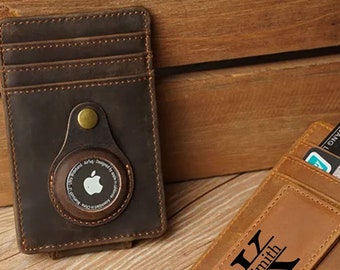 AirTag Wallet Genuine Leather Money Clip Air Tag Holder Christmas Gifts for  Men Personalized Mens Wallet