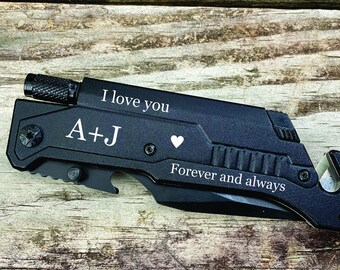 Personalized Hunting Multi Tool Pocket Knife with fire starter, Survival Black Knife With Glass Breaker, Serrated Knives and Flashlight