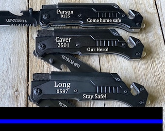 Personalized Police Officer Gift: Engraved Thin Blue Line Pocket Knife