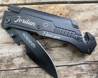 Personalized Pocket Knife, Spring Assisted, LED Light, Fire Starter, Glass Breaker
