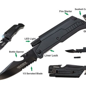 May include: Black multi-tool knife with a 1/3 serrated blade, bottle opener, LED light, and glass breaker. Features a fire starter and seatbelt cutter. The knife is marked with the brand name WARTECH.