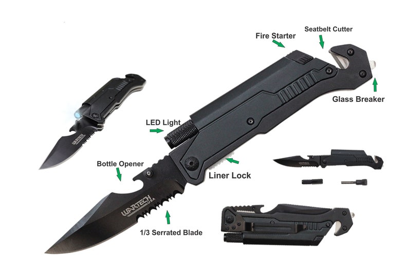 May include: Black multi-tool knife with a 1/3 serrated blade, bottle opener, LED light, and glass breaker. Features a fire starter and seatbelt cutter. The knife is marked with the brand name WARTECH.