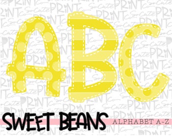 Yellow alphabet, 3 FULL alphabets, Sweet Beans printable font, alpha pack, PNG file for sublimation, yellow polka dot and striped alphabet