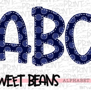 Navy Blue polka dot alphabet, Sweet Beans printable font, alpha pack, PNG file for sublimation, create your own words, blue print alphabet