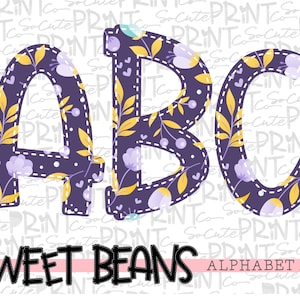 Flower alphabet, Sweet Beans printable font, alpha pack, PNG file for sublimation, create your own words, purple and yellow flower