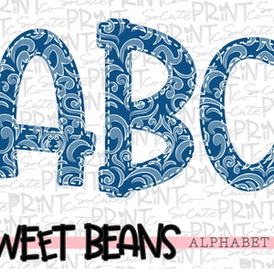 Blue damask alphabet, Sweet Beans printable font, alpha pack, PNG file for sublimation, create your own words, blue alphabet