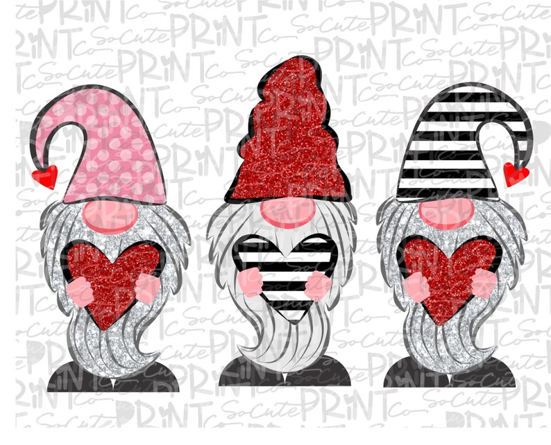 Valentines Day, Valentine gnome trio clipart, Valentine png file for sublimation printing, Valentines day clipart, glitter gnomes with heart 