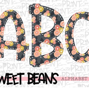 Alphabet, Sweet Beans printable font, alpha pack, gray & coral flower alphabet,   PNG file for sublimation, create your own words, EB005