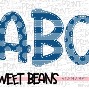 Blue alphabet, 3 FULL alphabets, Sweet Beans printable font, alpha pack, PNG file for sublimation, blue striped & polka dot alphabets
