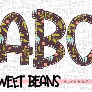 Flower alphabet, Sweet Beans printable font, alpha pack, PNG file for sublimation, create your own words, brown & turquoise