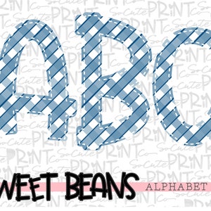 Blue gingham alphabet, Sweet Beans printable font, alpha pack, PNG file for sublimation, create your own words, blue alphabet
