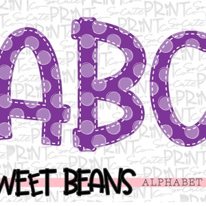 Purple polka dot alphabet, Sweet Beans printable font, alpha pack, PNG file for sublimation, create your own words, purple print alphabet