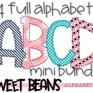 Alphabet bundle, Sweet Beans printable font, alpha pack, PNG file for sublimation, create your own words, 4 FULL alphabets, Navy coral teal
